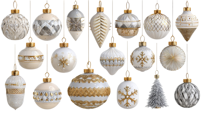 Vibrant assortment of modern christmas ornaments in red silver and teal tones isolated on transparent background high resolution png design perfect for festive decor and holiday projects
