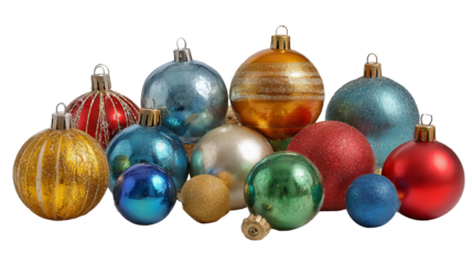Vibrant shimmering christmas ornaments in assorted shapes and colors including spheres and baubles on white background with copy space in high resolution png style

