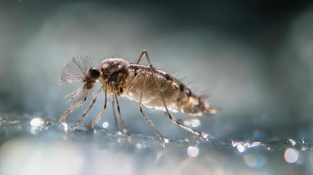 Close-Up of a Mosquito on a Wet Surface - Detailed Insect Observation.