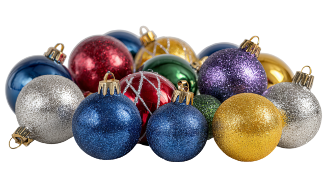 Vibrant shimmering christmas ornaments in assorted shapes and colors including spheres and baubles on white background with copy space in high resolution png style
