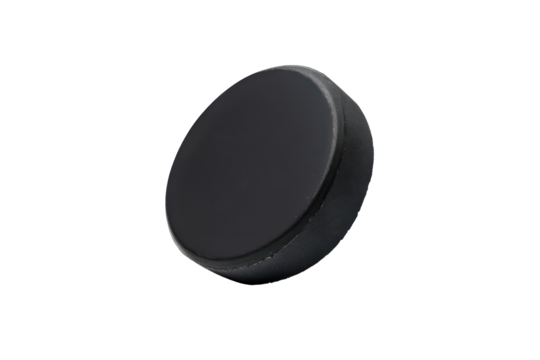 Single dark grey round hockey puck isolated on transparent background. Hockey puck isolated on white background.