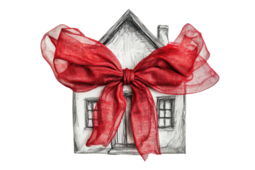 Decorative white house ornament with red bow isolated on transparent background.