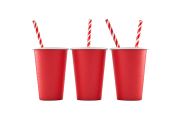 Red paper cups with straws isolated on transparent background. Red disposable cups with straws Isolated on white background, 3d rendering.
