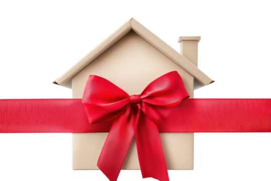 Wooden house with red ribbon and bow isolated on transparent background.
