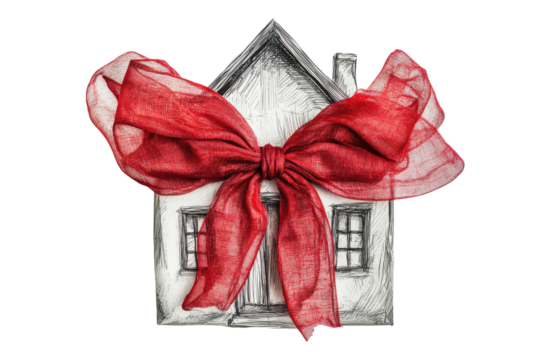 Decorative white house ornament with red bow isolated on transparent background.
