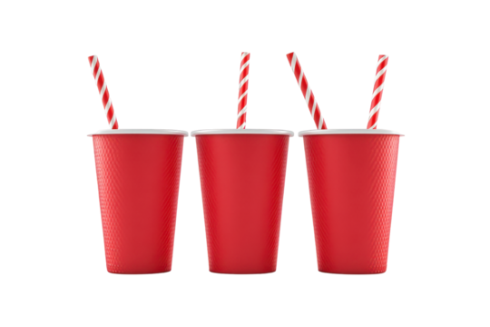 Red paper cups with straws isolated on transparent background. Red disposable cups with straws Isolated on white background, 3d rendering.