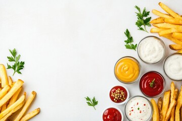 Crispy french fries with ketchup, mustard, and ranch on white background