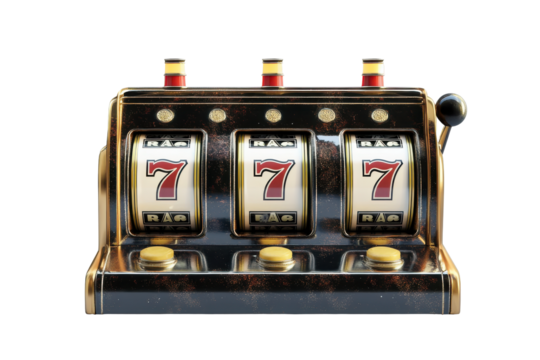 Slot machine reels with lucky sevens isolated on transparent background. Depicting three slot machine reels showing triple sevens on white background.