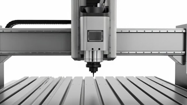 Close-up of a sophisticated metal fabrication machine with a precision spindle and a slatted work surface