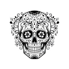 Ornate black and white sugar skull with floral embellishments isolated on transparent background