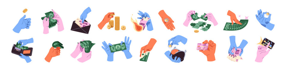 Set of human hands holding money. People pay, spend and save up cash. Credit cards, stacks of coins, wallets with banknotes. Finance, wealth and savings. Flat isolated vector illustrations on white