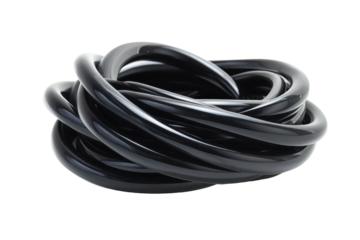 Black black plastic tubing isolated on transparent background. Large coil of black plastic tubing isolated on white background.