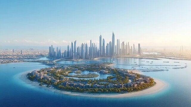 A futuristic coastal metropolis with a verdant man-made island under a clear sky