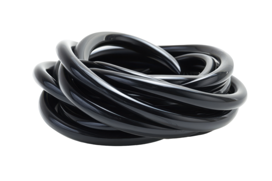 Black black plastic tubing isolated on transparent background. Large coil of black plastic tubing isolated on white background.