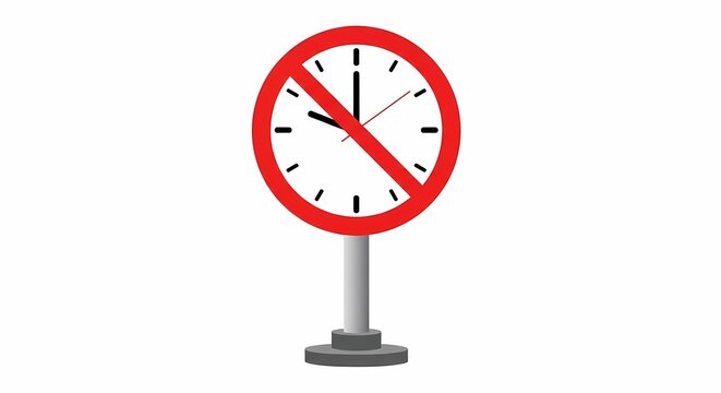 Illustration of prohibition sign with red circle and diagonal line over clock indicating no time concept on white background