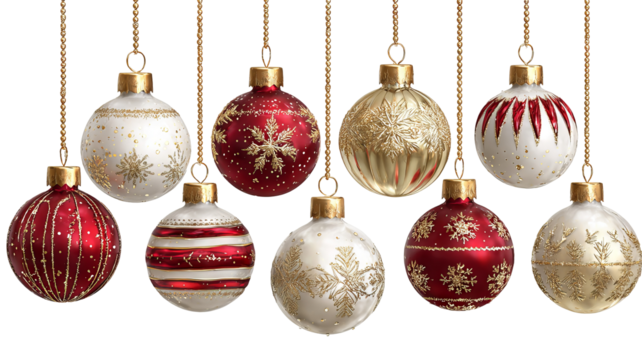 Collection of elegant christmas ornaments featuring gold red and white baubles in assorted designs suspended in high resolution png style for festive holiday decorations