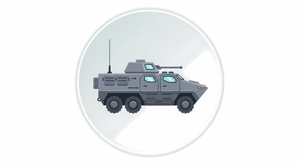 Fototapeta premium Illustration of a gray armored military vehicle with blue-tinted windows and multiple wheels in a minimalist circular frame, isolated on white