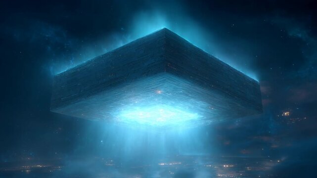Glowing floating monolith futuristic structure blue light night sky sci fi atmosphere hovering object glowing alien spacecraft mysterious blue light