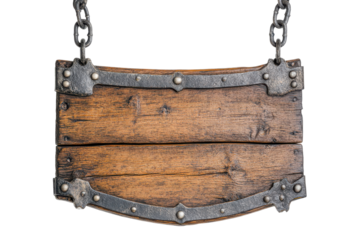 Rustic wooden sign with metal accents hanging from chains isolated on transparent background. Medieval wooden sign hanging on chains isolated on white background.