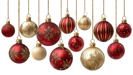 Red and gold christmas ornaments isolated on white background with glossy reflections in high resolution png style for festive holiday decorations