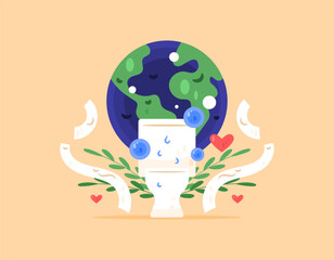 Happy World Toilet Day concept. Commemorating and celebrating World Toilet Day. Raising awareness about sanitation. Illustration of a toilet seat, the earth, and a sheet of tissue. Flat style. Orange 