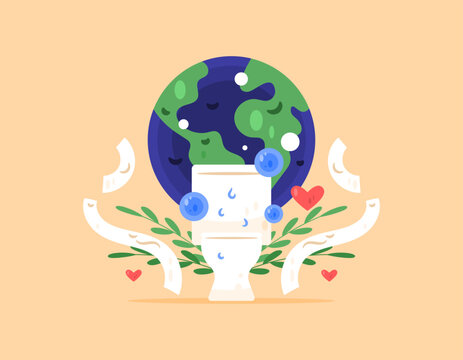 Happy World Toilet Day concept. Commemorating and celebrating World Toilet Day. Raising awareness about sanitation. Illustration of a toilet seat, the earth, and a sheet of tissue. Flat style. Orange  - Powered by Adobe