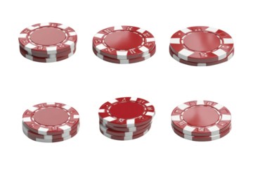 Red poker chips arranged in a grid isolated on transparent background. Multiple red poker chips with white accents shown from different angles isolated on white background, 3D Rendering.