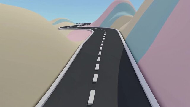 Route sinueuse &agrave; travers collines pastel et ciel bleu clair