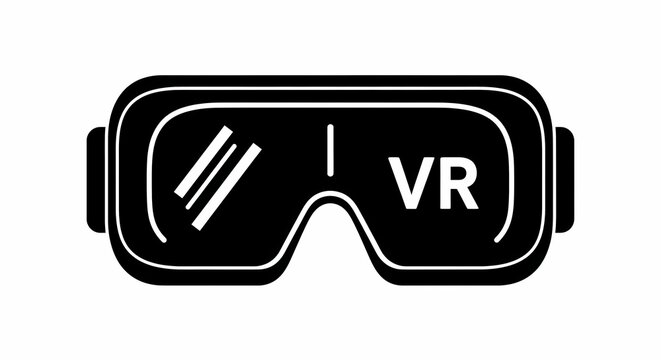 Black and white virtual reality headset icon illustration depicting technology innovation and digital interaction in a modern minimalistic style.