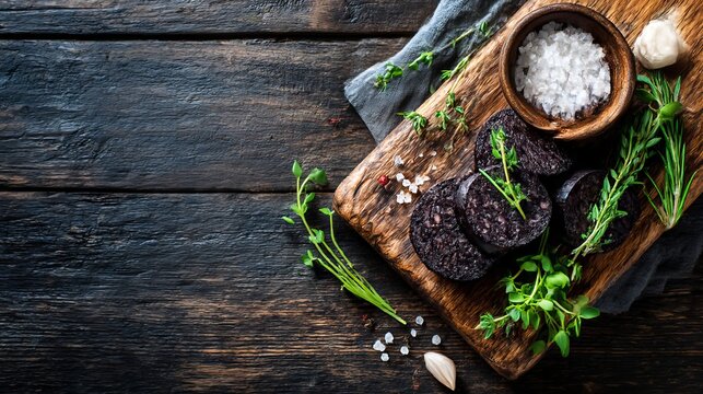 Savor the rich flavors of black pudding, a gourmet blood sausage. This tasty and fresh dish offers a delicious, natural experience. Rustic table background with copy space. Top view