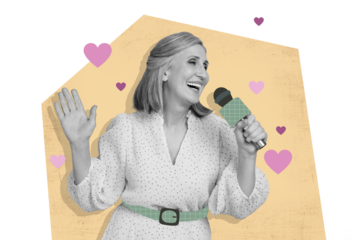 Creative image collage mature lady singer concert performance festive event karaoke bar microphone song music valentine day holiday