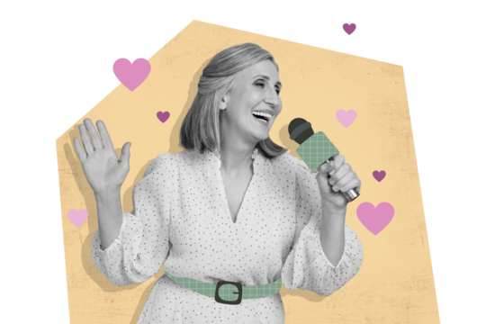 Creative image collage mature lady singer concert performance festive event karaoke bar microphone song music valentine day holiday