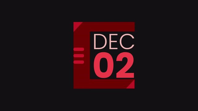 2nd December calendar icon animation. Alpha matte with transparent background 4K resolution.
