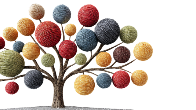 Colorful yarn baubles adorning a textured tree against a dark background with handmade details in high resolution png style for festive christmas and winter holiday decorations
