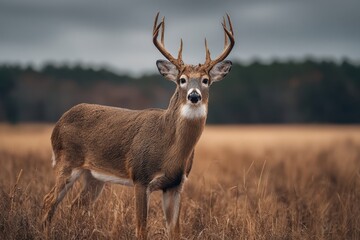 Fototapeta premium White Tail Deer Buck Portrait in an Open Meadow with Moody Sky