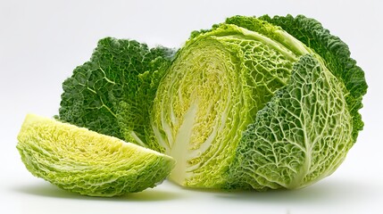 Savoy cabbage, sliced and isolated against a white backdrop, captured with a sharp focus. The image showcases the detail of the cabbage.
 