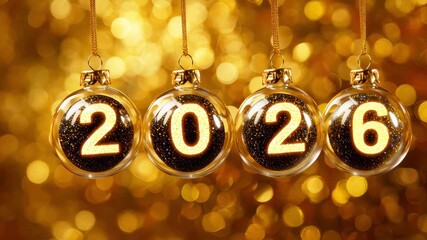 Glass hanging balls with gold numbers 2026 on a Christmas and New Year's background with bokeh, festive atmosphere. Sparkling New Year's celebration. - Powered by Adobe