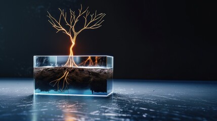 Abstract representation of nature showing a glowing tree emerging from a transparent block containing water and soil beneath a dark background