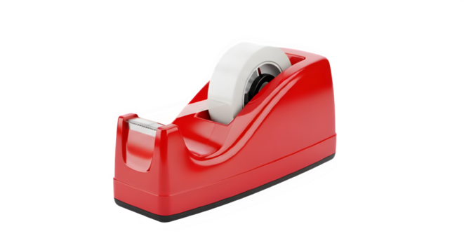 Red tape dispenser with clear adhesive tape on a black background