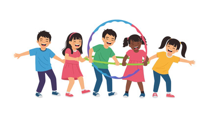 Joyful Playtime: A vibrant scene of childhood bliss unfolds as a group of children engage in playful activities using a colorful hoop, their faces alight with laughter and the spirit of friendship.