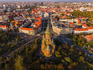 Aerial view of Timisoara city center with the Orthodox Metropolitan Cathedral, Romania