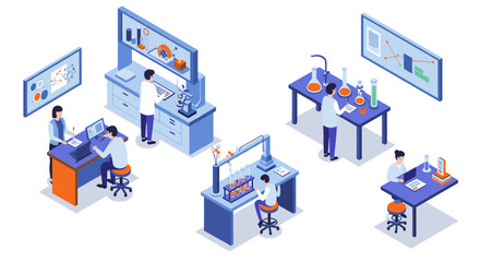 Obraz premium Isometric laboratory scene with scientists conducting experiments in a modern research lab setting