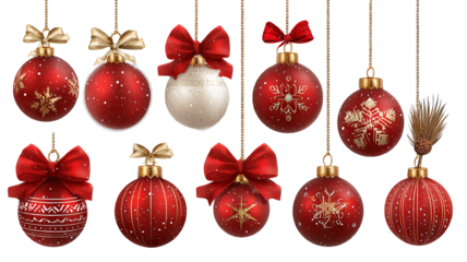 Delightful assortment of festive red christmas ornaments in elegant vector design with glossy textures isolated in high resolution png style for christmas greeting cards banners.