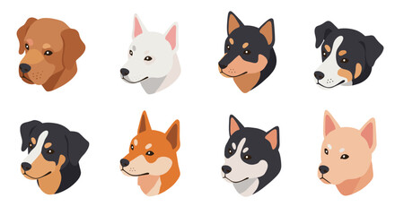 Dog breeds set: variety of dog heads in flat style