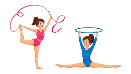 Gymnast Artistry: Two young female gymnasts perform artistic movements with graceful fluidity.