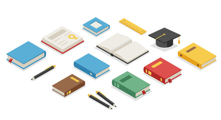 Isometric books and stationery set with graduation cap