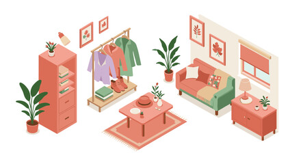 Cozy isometric living room scene with stylish furniture and decor
