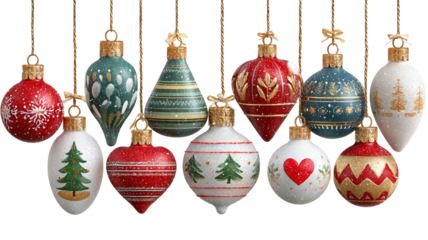 Colorful christmas ornaments with unique patterns and shiny textures festive decorative baubles in high resolution png style for holiday cards banners and winter celebration designs