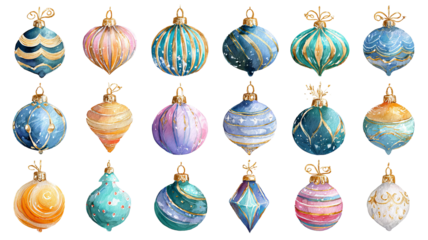 Colorful christmas ornaments with unique patterns and shiny textures festive decorative baubles in high resolution png style for holiday cards banners and winter celebration designs
