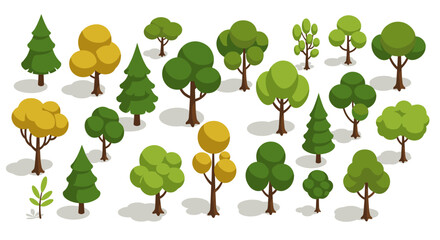 Diverse collection of isometric trees and bushes in vibrant green and yellow hues